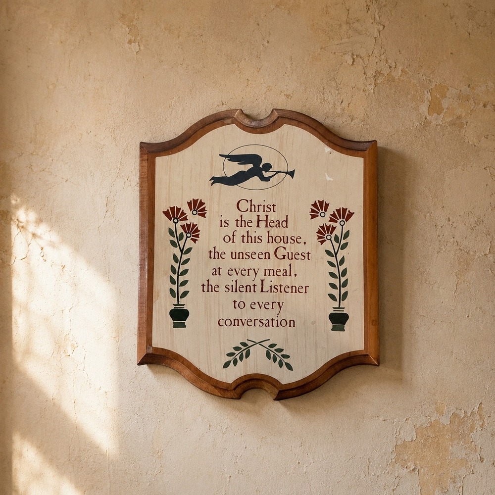Vintage Wood Wall Plaque Christ is the Head of This House Angel Blessing Sign